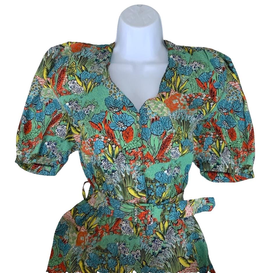VTG 80s 90s GREEN RED YELLOW BOTANICAL PRINT SHORT SLEEVED V-NECK A-LINE DRESS S