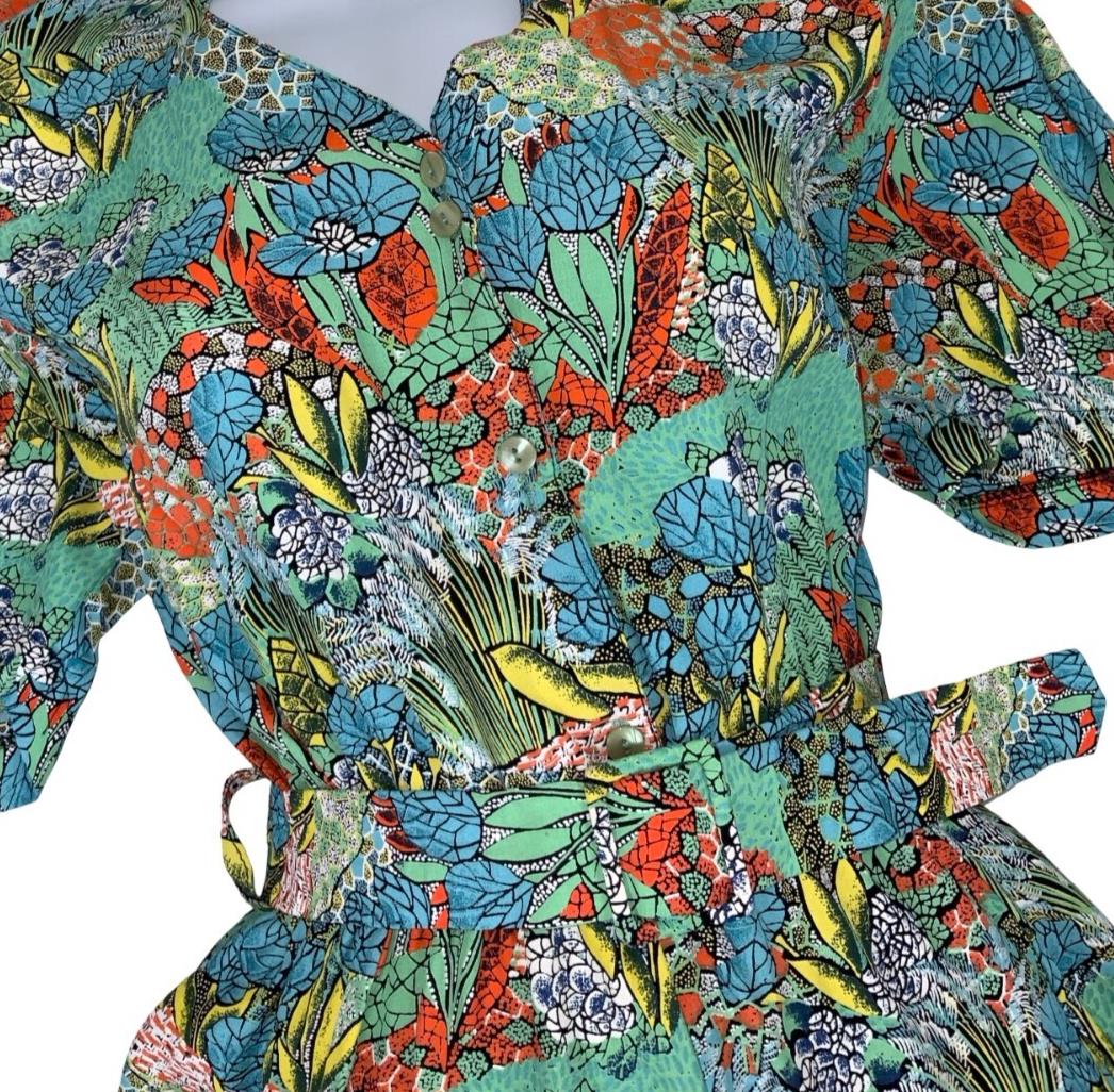 VTG 80s 90s GREEN RED YELLOW BOTANICAL PRINT SHORT SLEEVED V-NECK A-LINE DRESS S