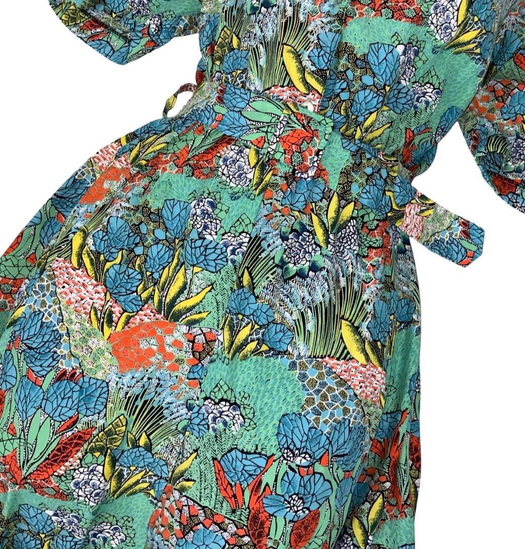 VTG 80s 90s GREEN RED YELLOW BOTANICAL PRINT SHORT SLEEVED V-NECK A-LINE DRESS S