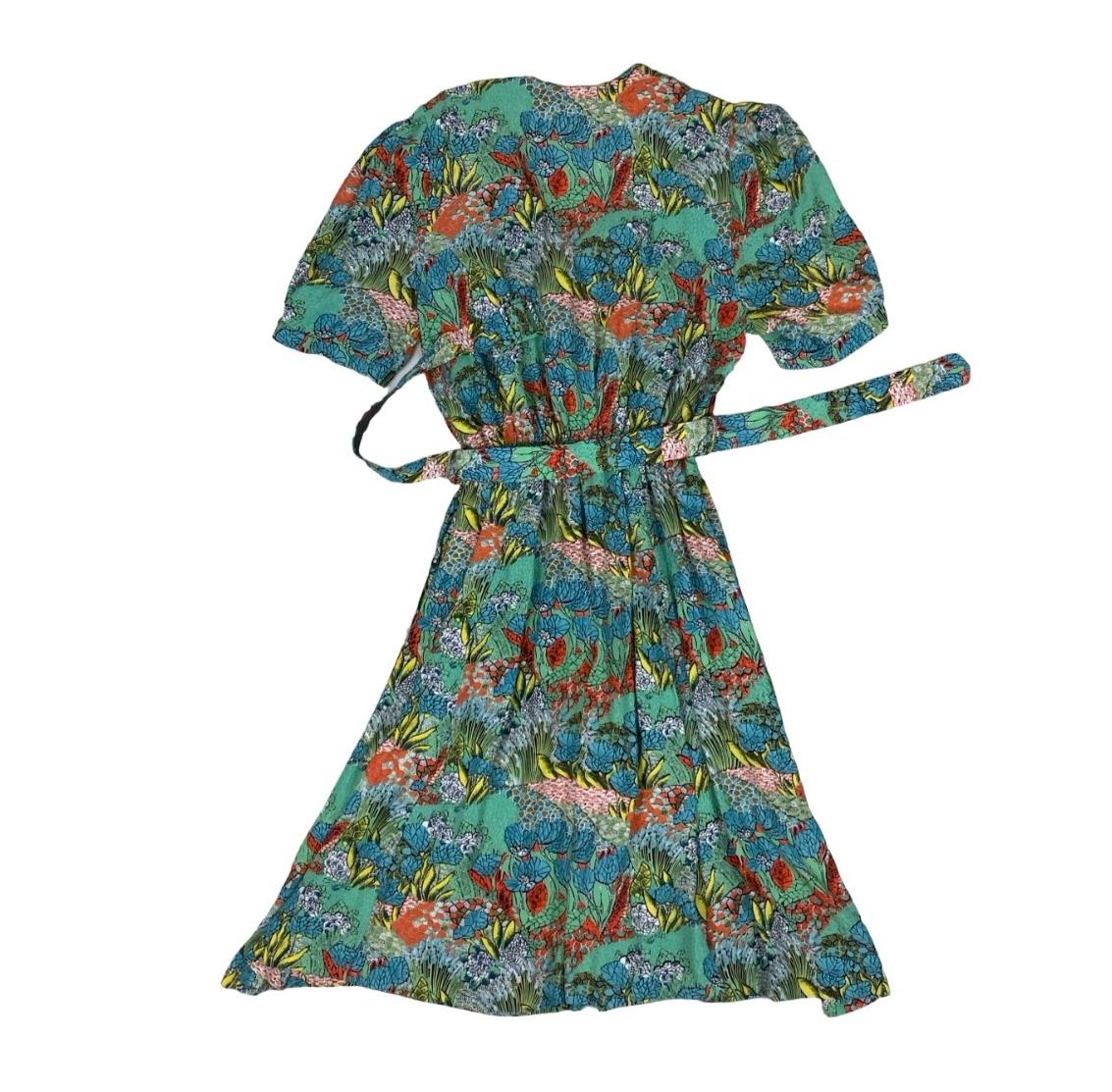 VTG 80s 90s GREEN RED YELLOW BOTANICAL PRINT SHORT SLEEVED V-NECK A-LINE DRESS S