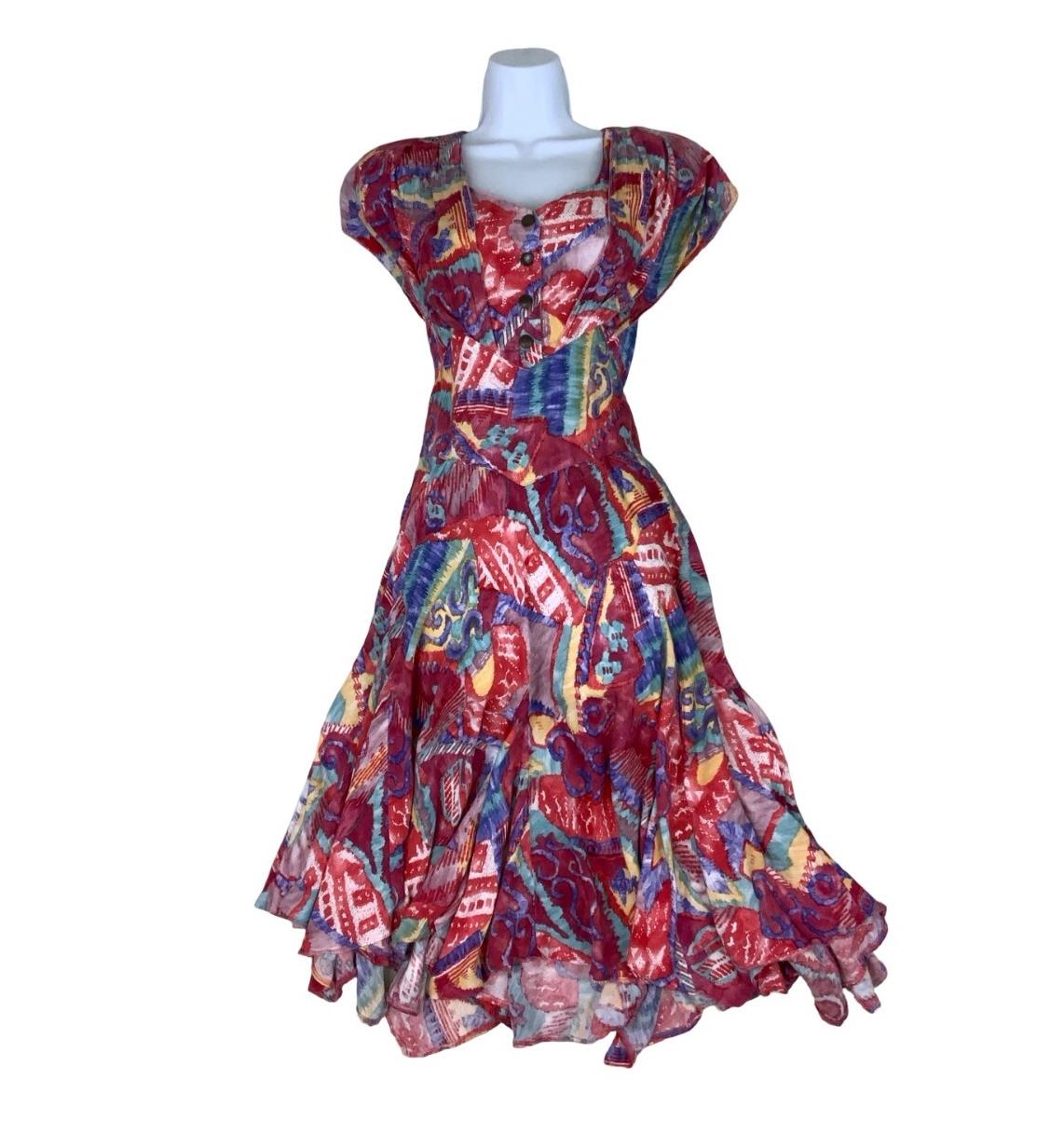 VTG 80s 'FASHION STYLE' RED GEOMETRIC PRINT ASYMMETRIC A-LINE MIDI DRESS M 12 14