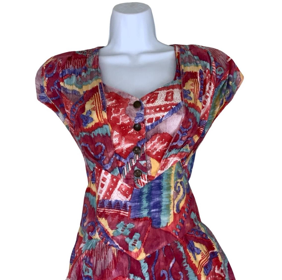 VTG 80s 'FASHION STYLE' RED GEOMETRIC PRINT ASYMMETRIC A-LINE MIDI DRESS M 12 14