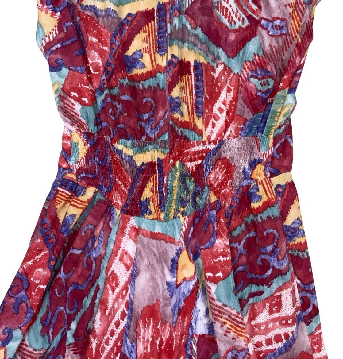 VTG 80s 'FASHION STYLE' RED GEOMETRIC PRINT ASYMMETRIC A-LINE MIDI DRESS M 12 14