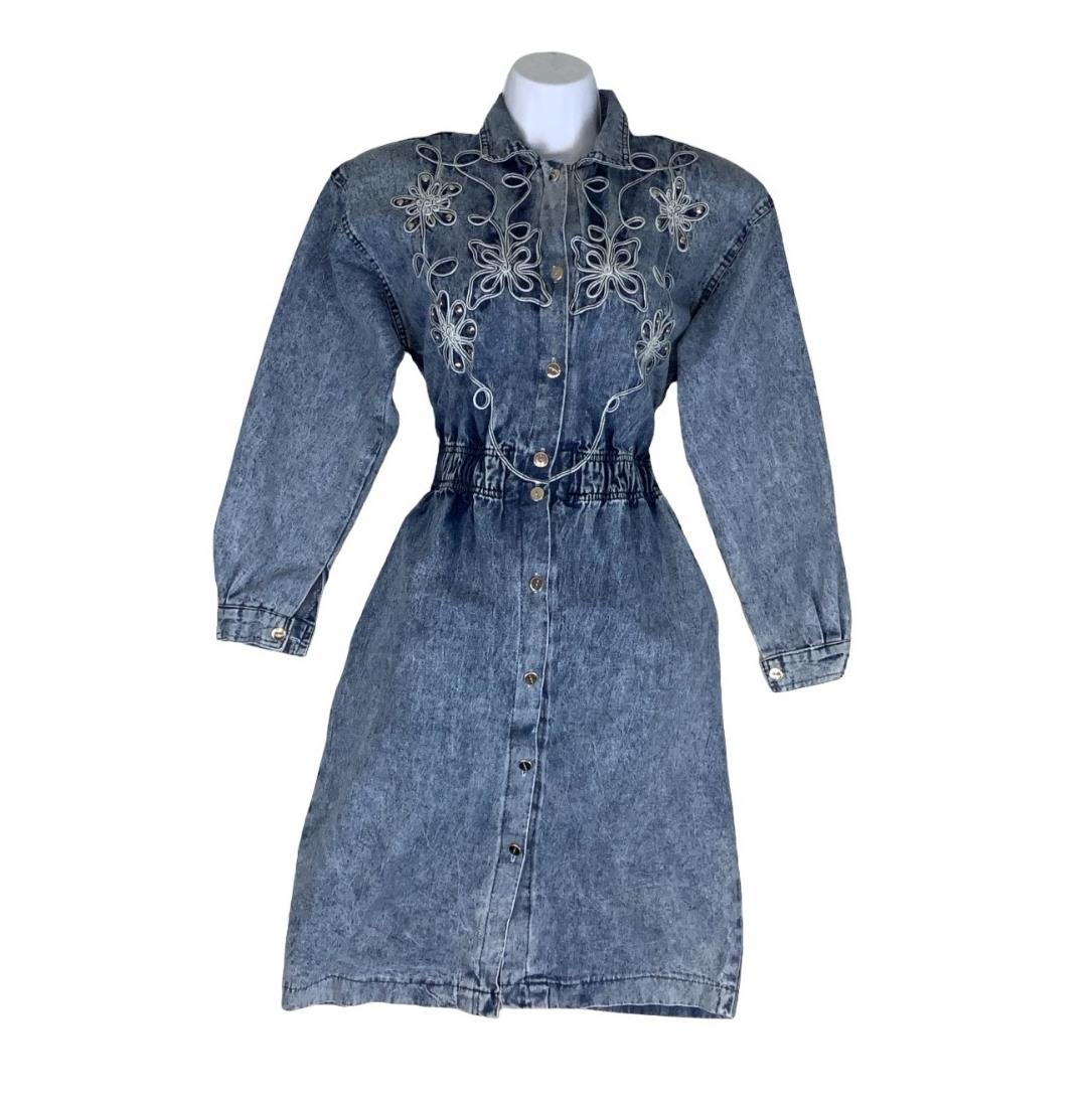 80s ACID WASH BLUE FLORAL EMBROIDERED COUNTRY WESTERN DENIM MIDI DRESS M 12