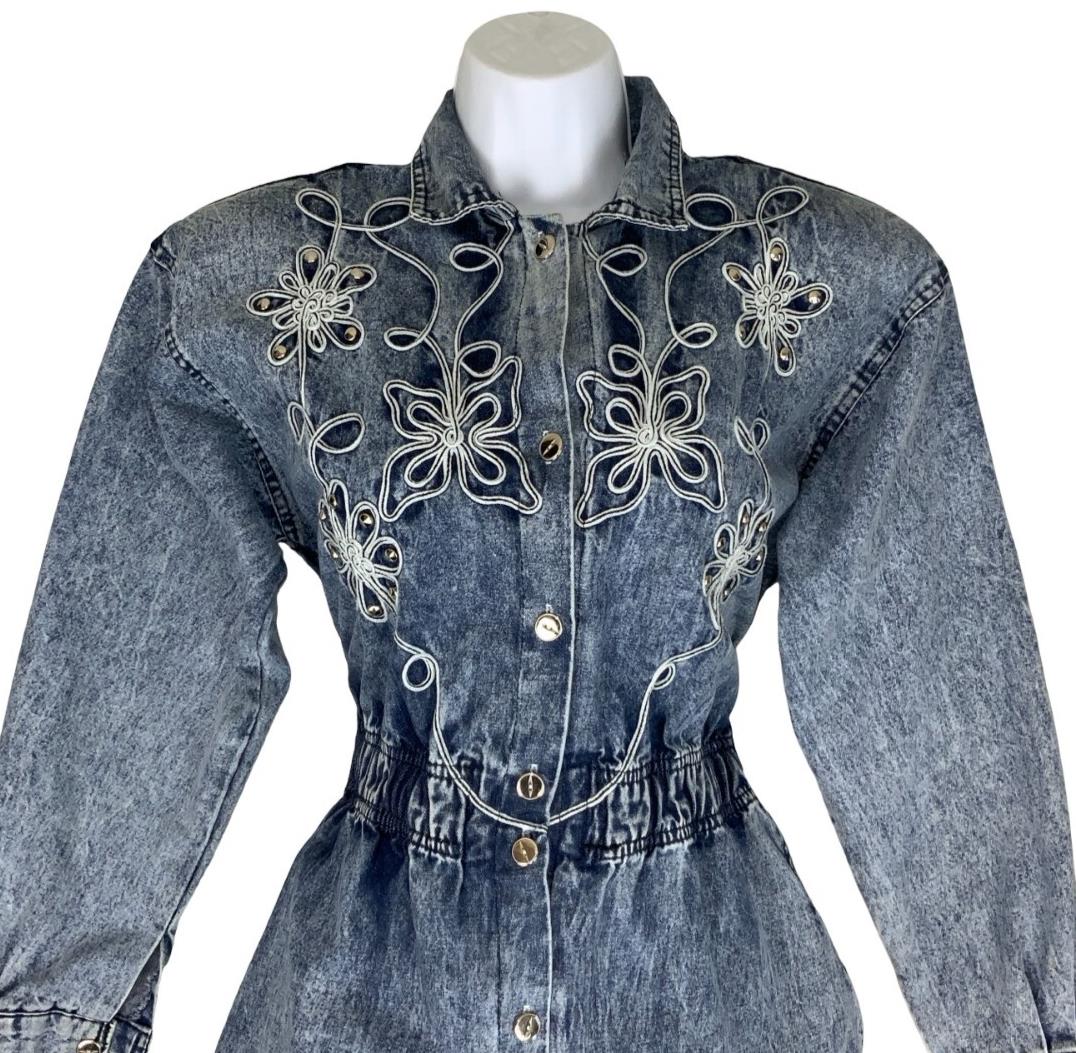80s ACID WASH BLUE FLORAL EMBROIDERED COUNTRY WESTERN DENIM MIDI DRESS M 12