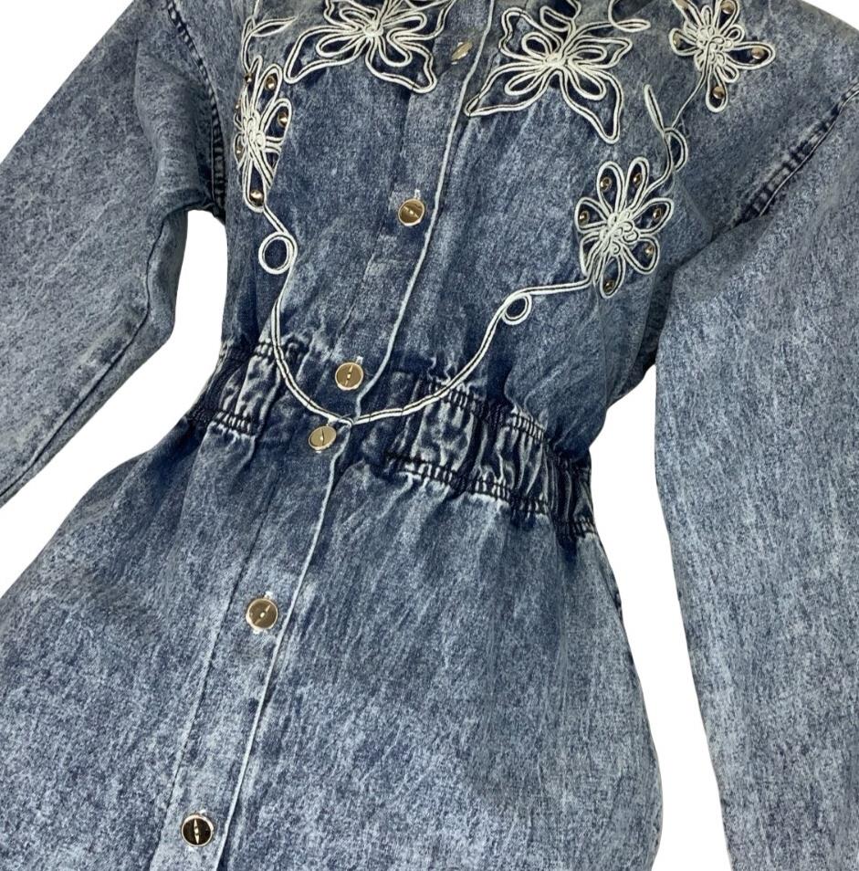 80s ACID WASH BLUE FLORAL EMBROIDERED COUNTRY WESTERN DENIM MIDI DRESS M 12