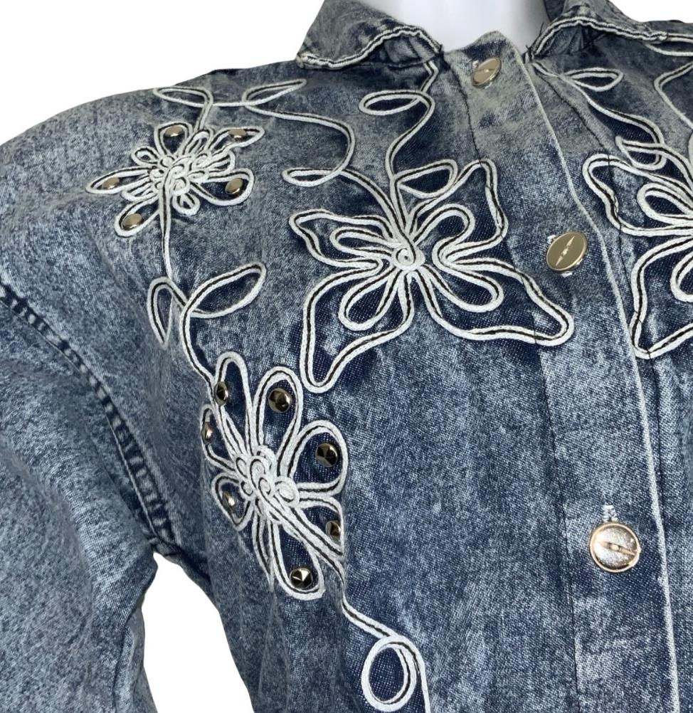 80s ACID WASH BLUE FLORAL EMBROIDERED COUNTRY WESTERN DENIM MIDI DRESS M 12