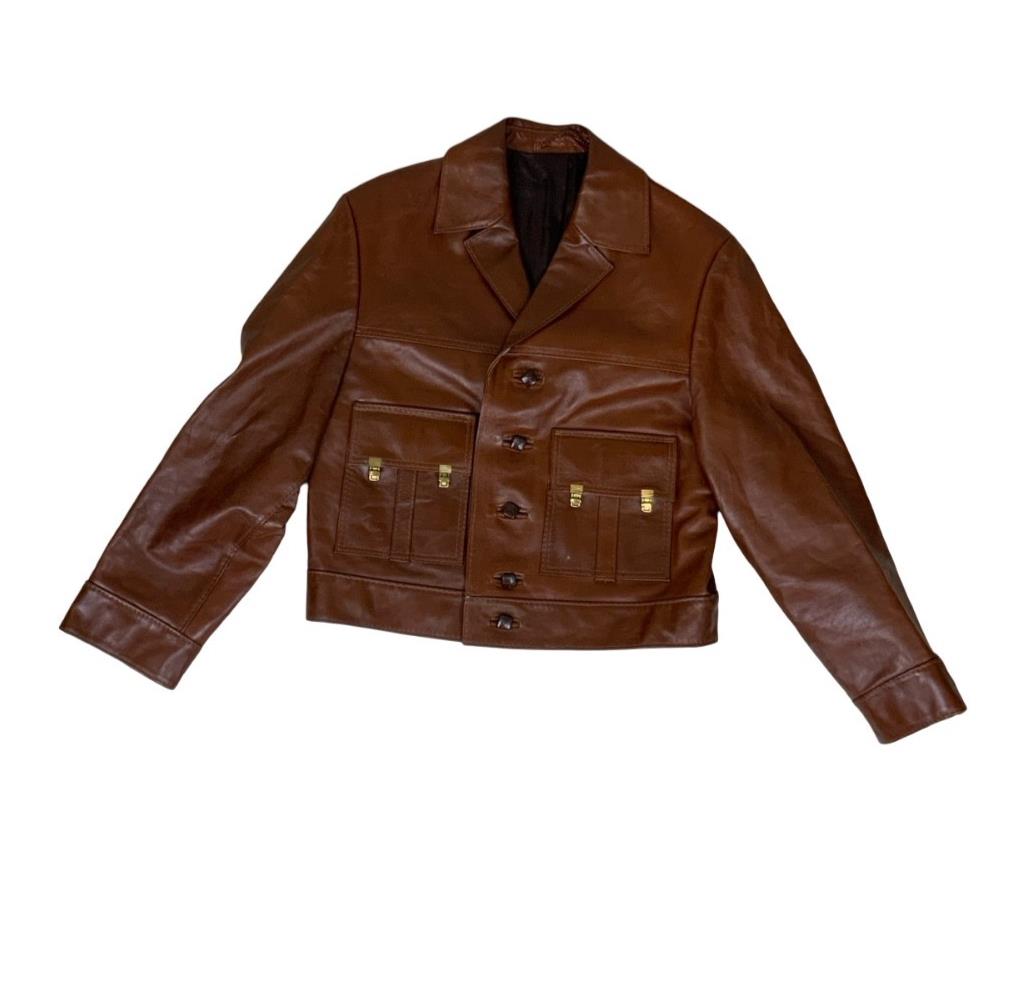 VTG 70s 80s BROWN LEDER-ORT POTSDAM NOTCHED COLLAR CROPPED LEATHER JACKET MEDIUM