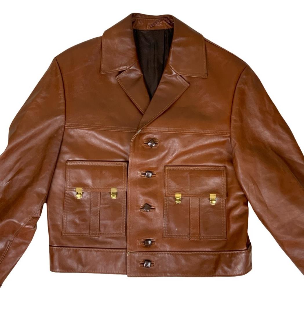VTG 70s 80s BROWN LEDER-ORT POTSDAM NOTCHED COLLAR CROPPED LEATHER JACKET MEDIUM