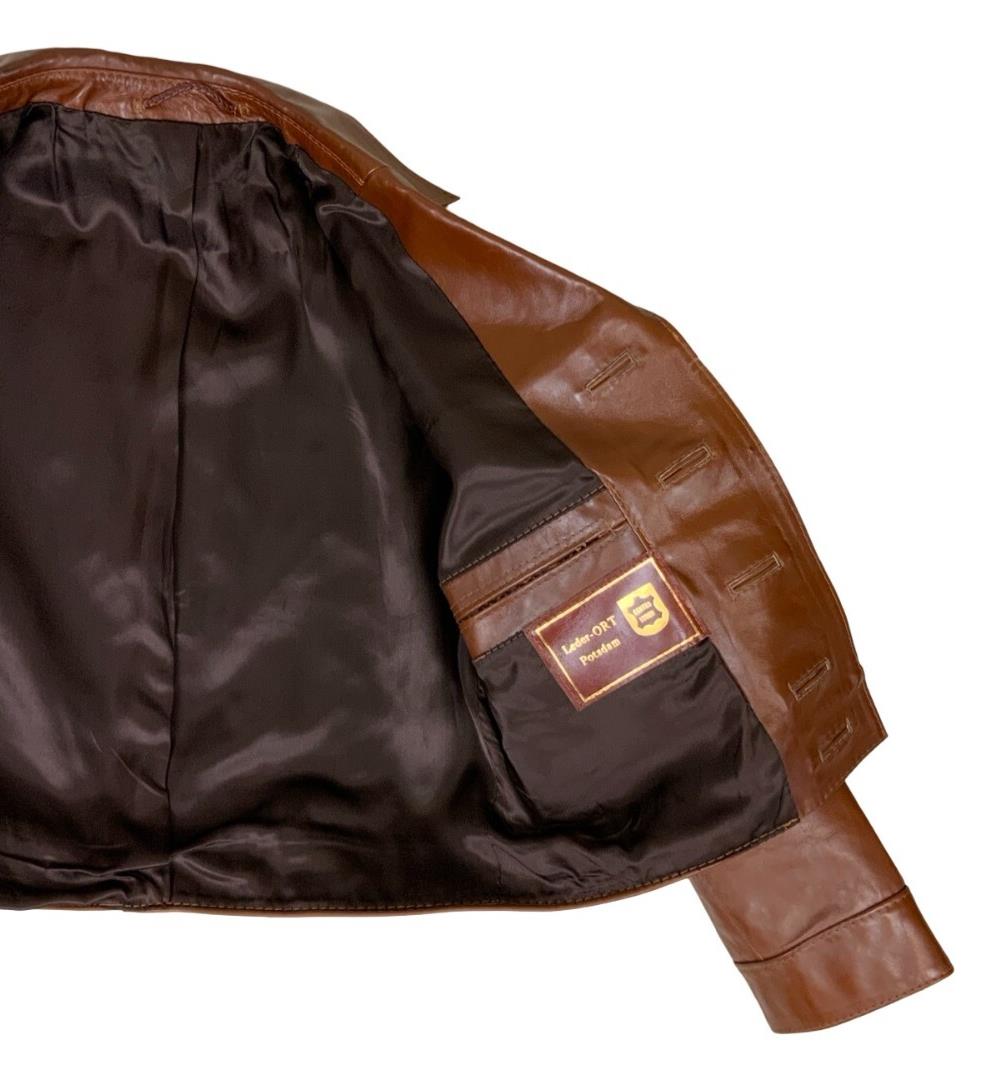 VTG 70s 80s BROWN LEDER-ORT POTSDAM NOTCHED COLLAR CROPPED LEATHER JACKET MEDIUM