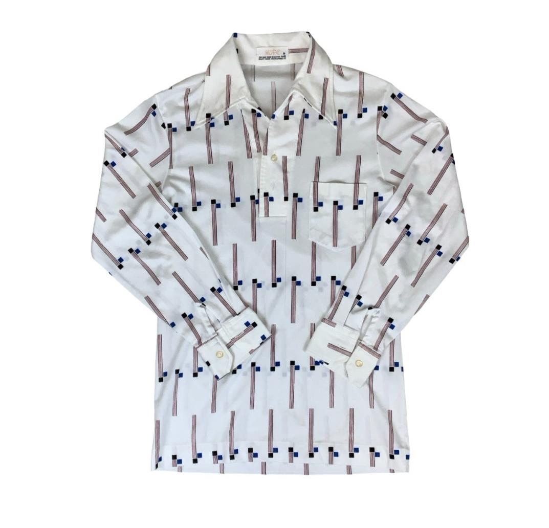 VTG 70s 'HOPE' WHITE RED BLUE GEOMETRIC PATTERN DAGGER COLLAR GOLF POLO SHIRT S