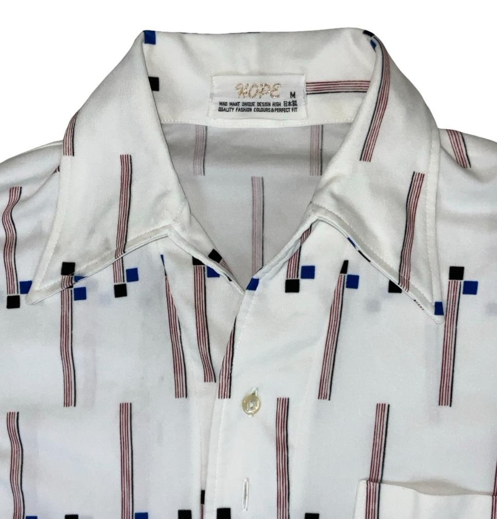 VTG 70s 'HOPE' WHITE RED BLUE GEOMETRIC PATTERN DAGGER COLLAR GOLF POLO SHIRT S