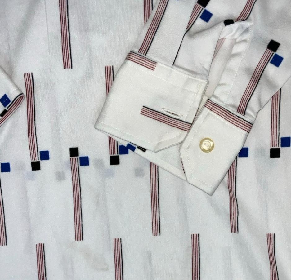 VTG 70s 'HOPE' WHITE RED BLUE GEOMETRIC PATTERN DAGGER COLLAR GOLF POLO SHIRT S