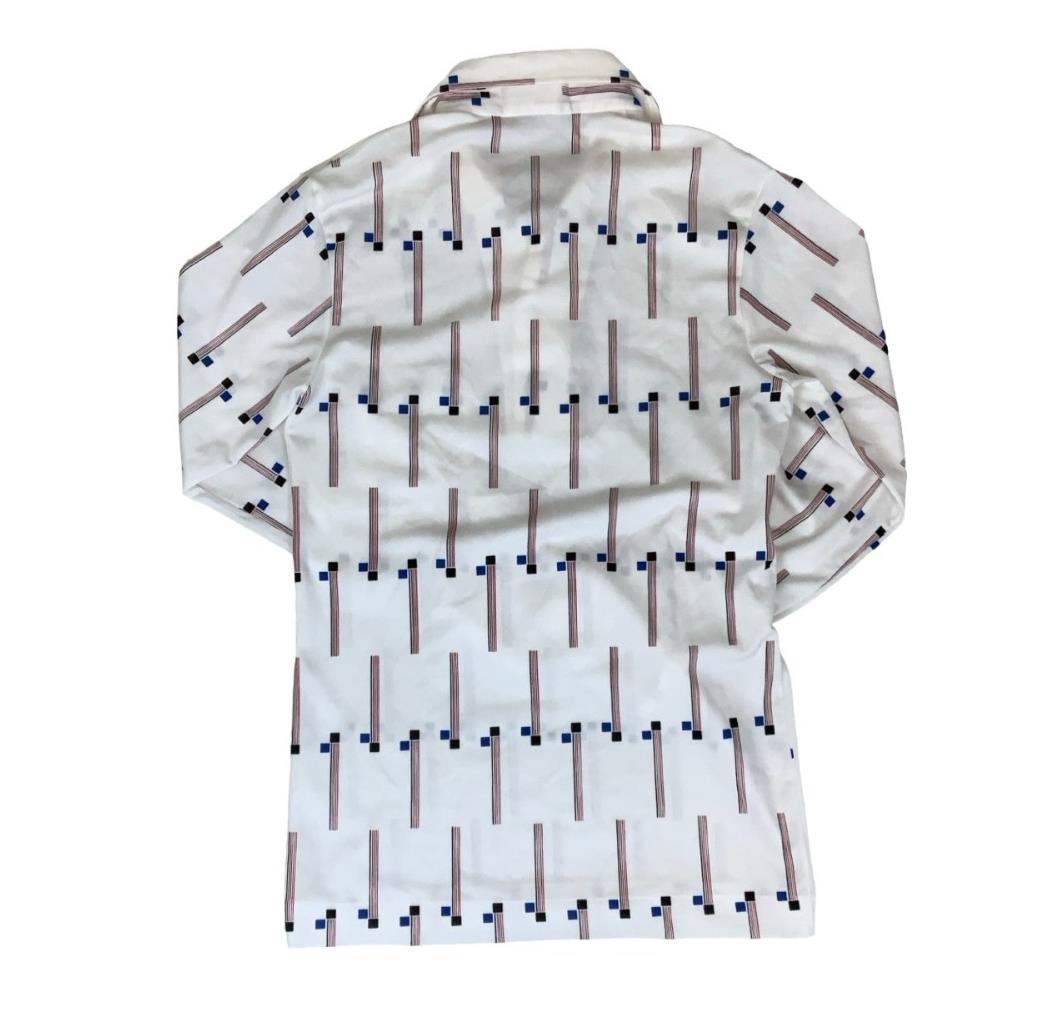 VTG 70s 'HOPE' WHITE RED BLUE GEOMETRIC PATTERN DAGGER COLLAR GOLF POLO SHIRT S