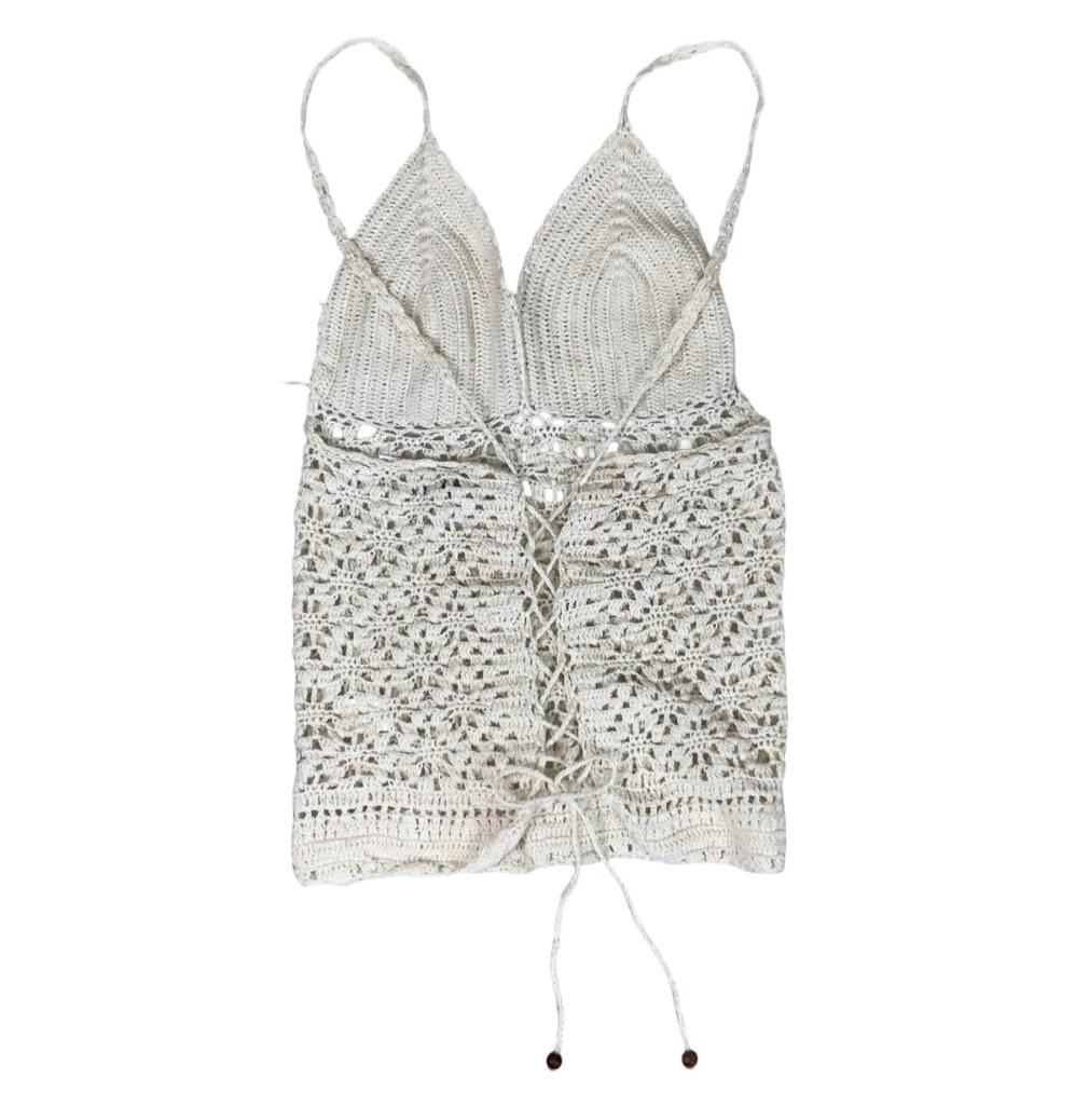 90s Y2K 'RIP CURL' OFF-WHITE FESTIVAL BOHO CROCHET SURF TIE-UP VEST TANK TOP S 8