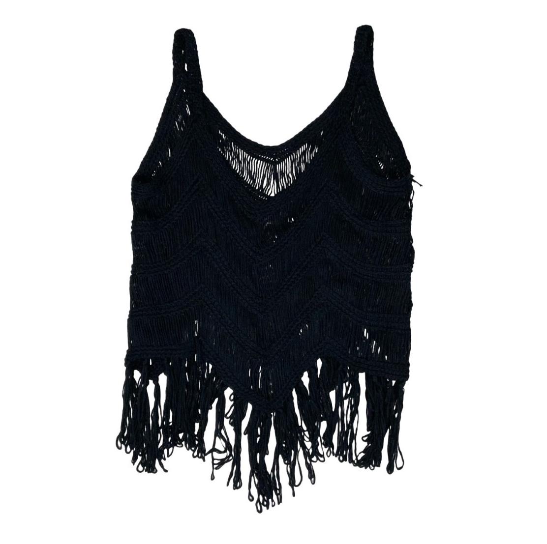 90s Y2K BLACK CROCHET TASSEL CHEVRON FESTIVAL BOHO TANK VEST TOP M 12