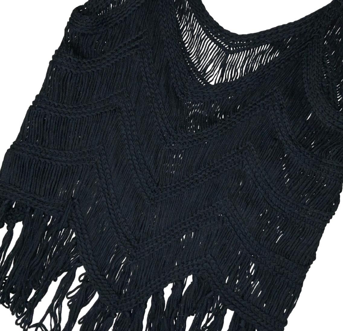90s Y2K BLACK CROCHET TASSEL CHEVRON FESTIVAL BOHO TANK VEST TOP M 12