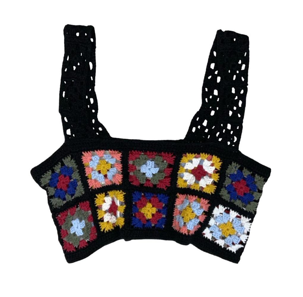 90s Y2K BLACK MILTI-COLOURED GRANNY SQUARE CROCHET BOHO CROP TANK TOP SMALL 8