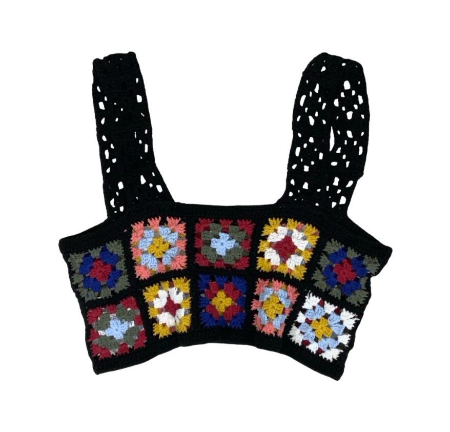 90s Y2K BLACK MILTI-COLOURED GRANNY SQUARE CROCHET BOHO CROP TANK TOP SMALL 8