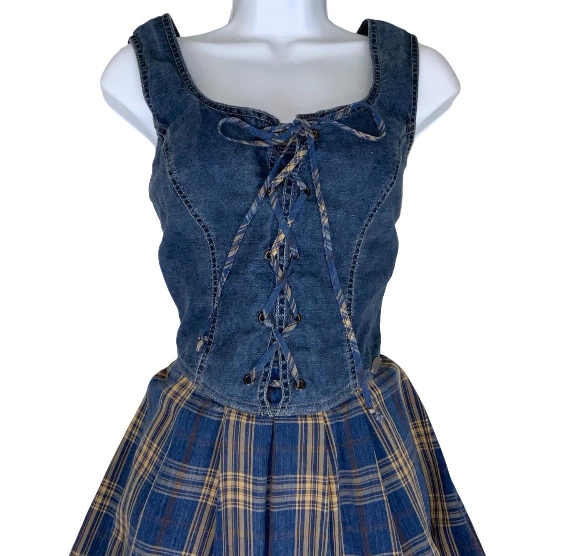VTG 90s 'GEISSWEIN' BLUE TARTAN DENIM CORSET LONG SLEEVELESS SUMMER DRESS S 10