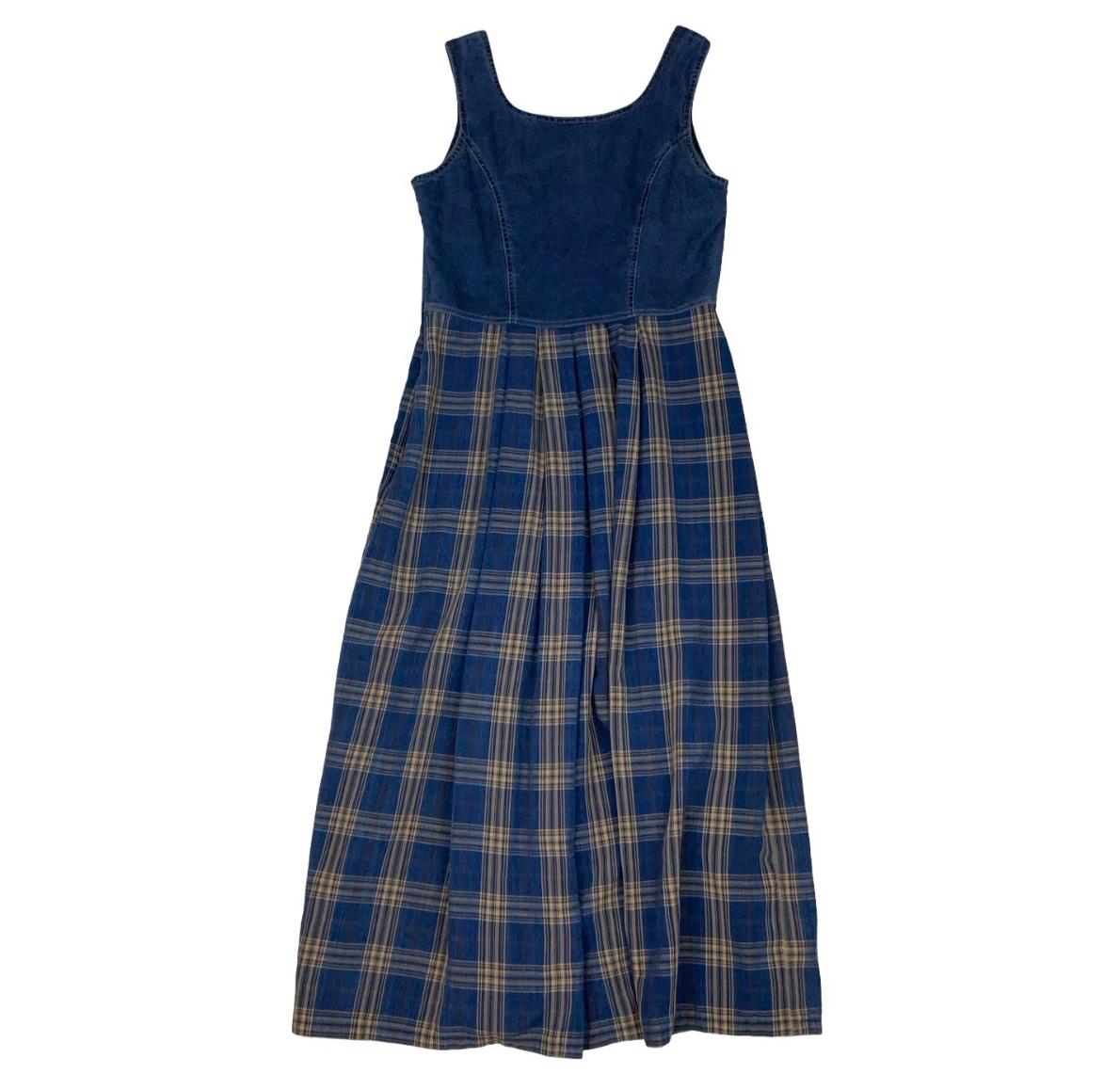 VTG 90s 'GEISSWEIN' BLUE TARTAN DENIM CORSET LONG SLEEVELESS SUMMER DRESS S 10