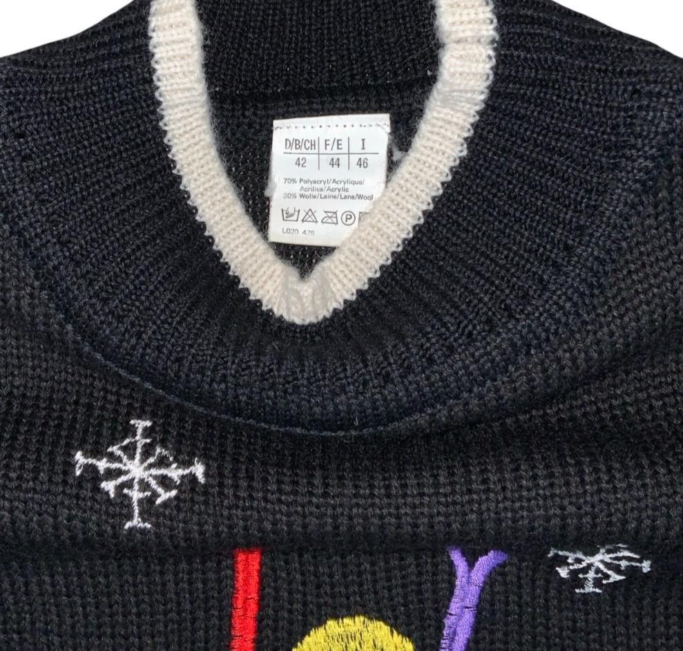 VTG 90s DOES 80s RETRO BLACK SKI GRAPHIC EMBROIDERED PULL-OVER JUMPER MEDIUM