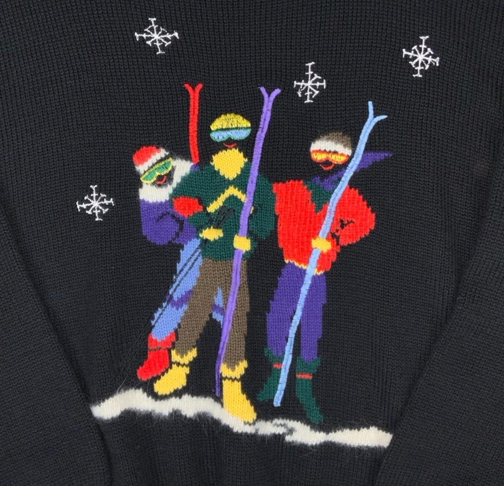 VTG 90s DOES 80s RETRO BLACK SKI GRAPHIC EMBROIDERED PULL-OVER JUMPER MEDIUM