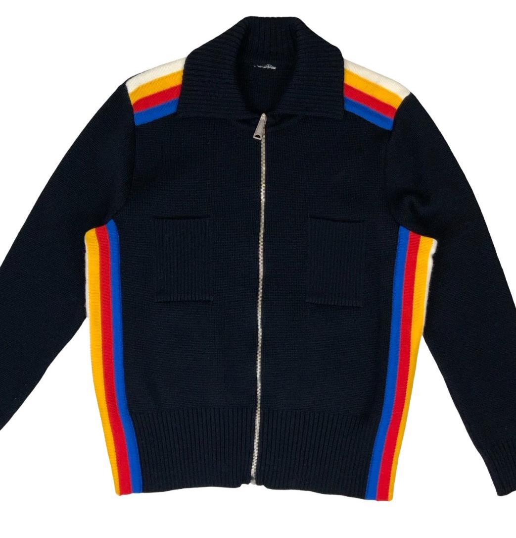 VTG 90s BLACK YELLOW RED BLUE WHITE STRIPED ZIP-UP CARDIGAN SMALL