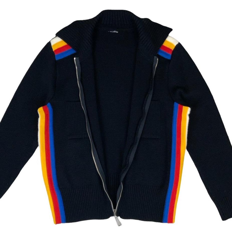 VTG 90s BLACK YELLOW RED BLUE WHITE STRIPED ZIP-UP CARDIGAN SMALL