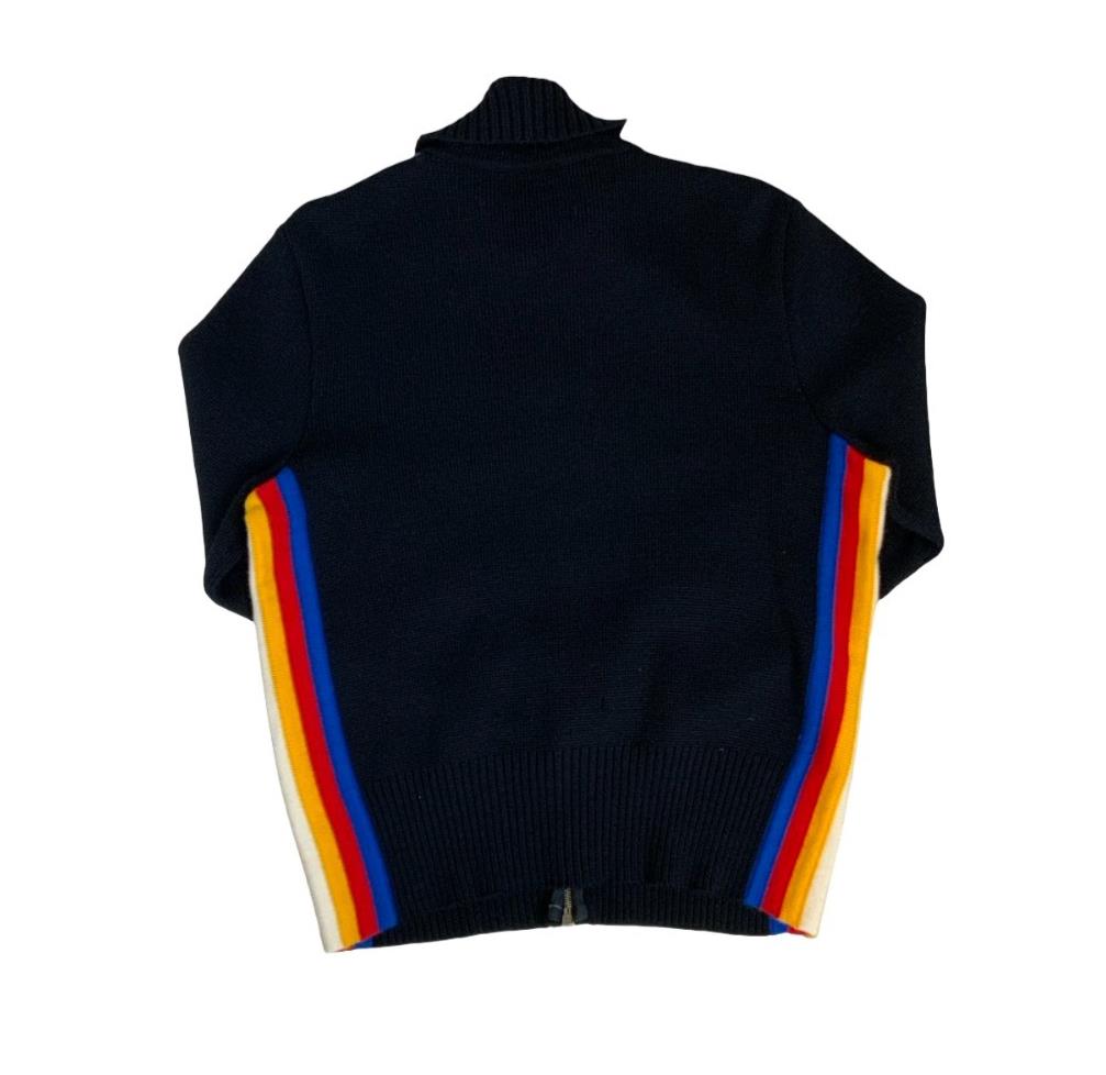 VTG 90s BLACK YELLOW RED BLUE WHITE STRIPED ZIP-UP CARDIGAN SMALL