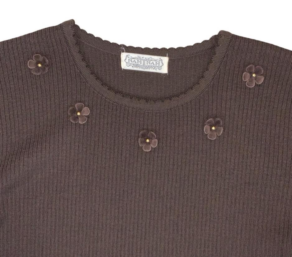 VTG 90s 'NAM NAM' BROWN SHORT SLEEVED KNITTED FLORAL DETAIL TOP XS 6