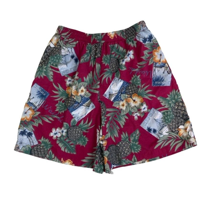 VTG 'HILO HATTIE' PINK GREEN BLUE FLORAL PINEAPPLE PATTERN HAWAIIAN SHORTS S M