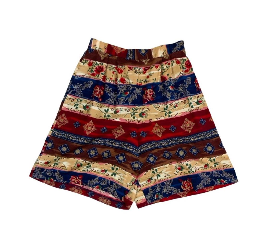 VTG 90s 'TR BENTLEY' RED BROWN BEIGE FLORAL STRIPED CASUAL HOIDAY BEACH SHORTS S