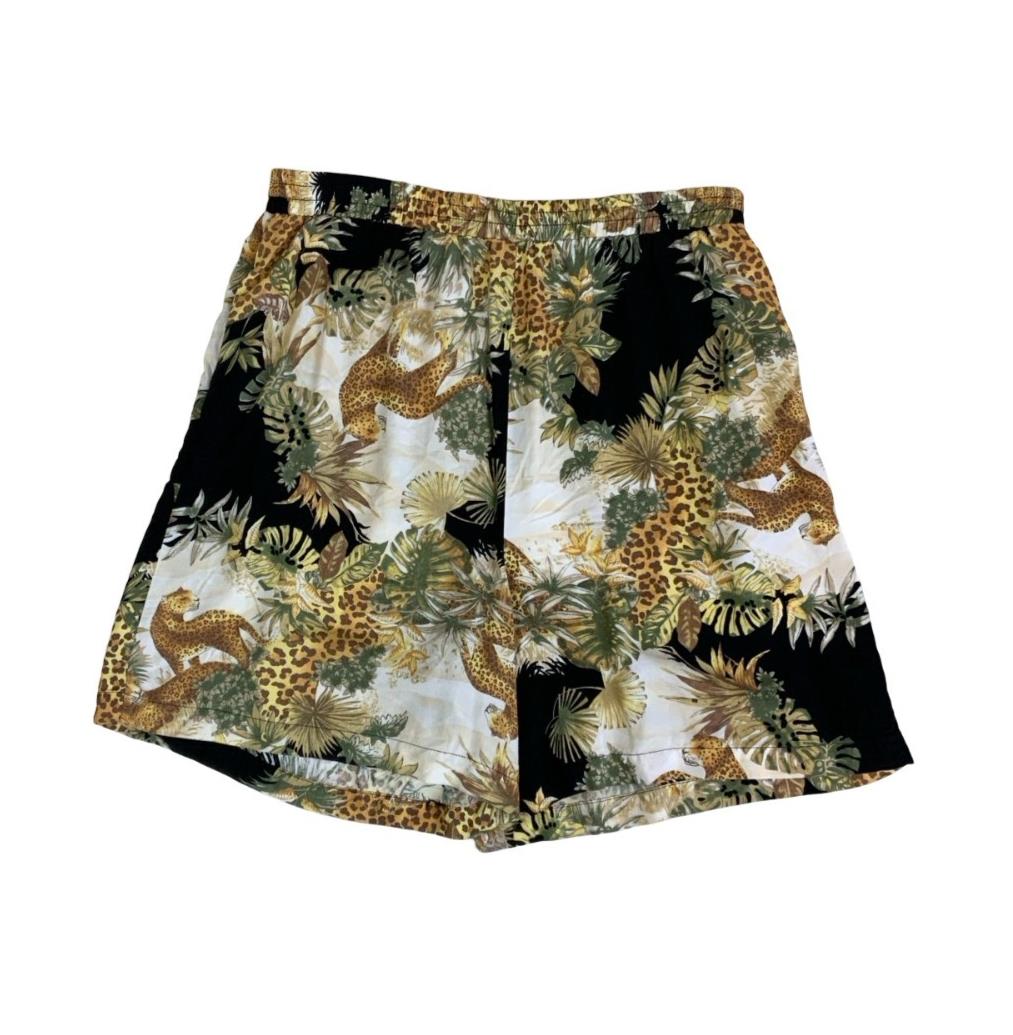 VTG y2k 90s BLACK GREEN BEIGE ANIMAL LEOPARD SAFARI PATTERNED SHORTS M L