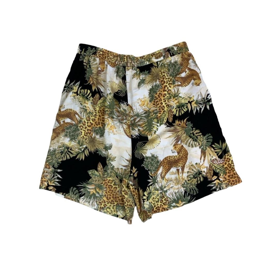VTG y2k 90s BLACK GREEN BEIGE ANIMAL LEOPARD SAFARI PATTERNED SHORTS M L
