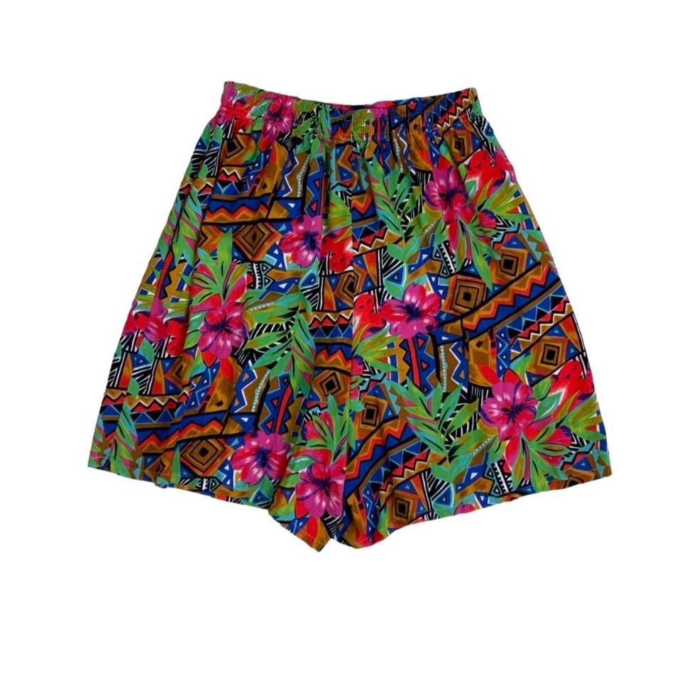 VTG 90s 'PENNY LANE' PINK PURPLE GREEN BROWN HAWAIIAN SUFT BEACH FLORAL SHORTS S