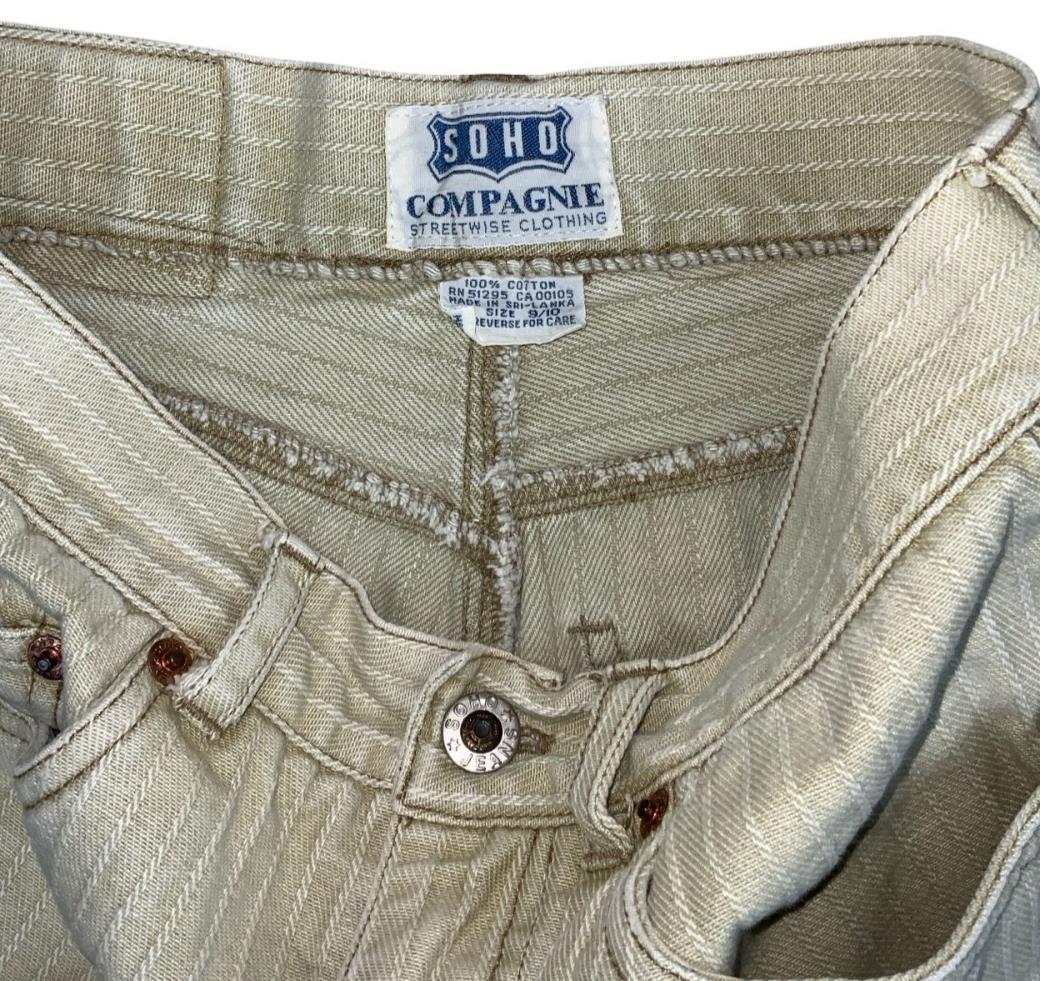 VTG 90s SOHO HIGH-WAIST OFF-WHITE STRIPE EMBROIDERED DENIM HOT PANT BEACH SHORTS