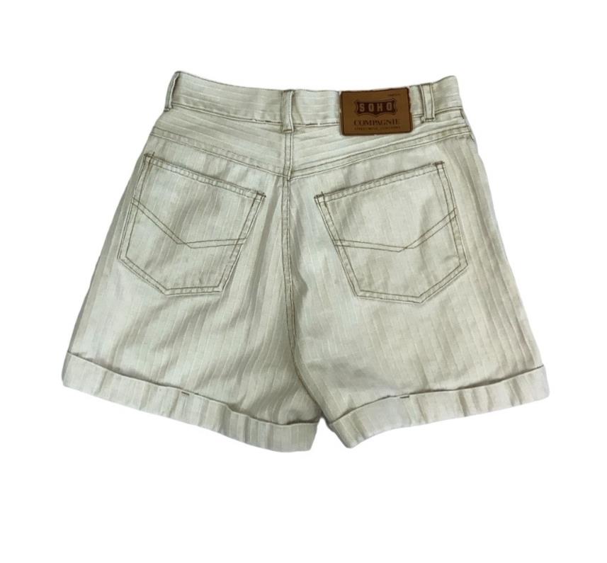 VTG 90s SOHO HIGH-WAIST OFF-WHITE STRIPE EMBROIDERED DENIM HOT PANT BEACH SHORTS
