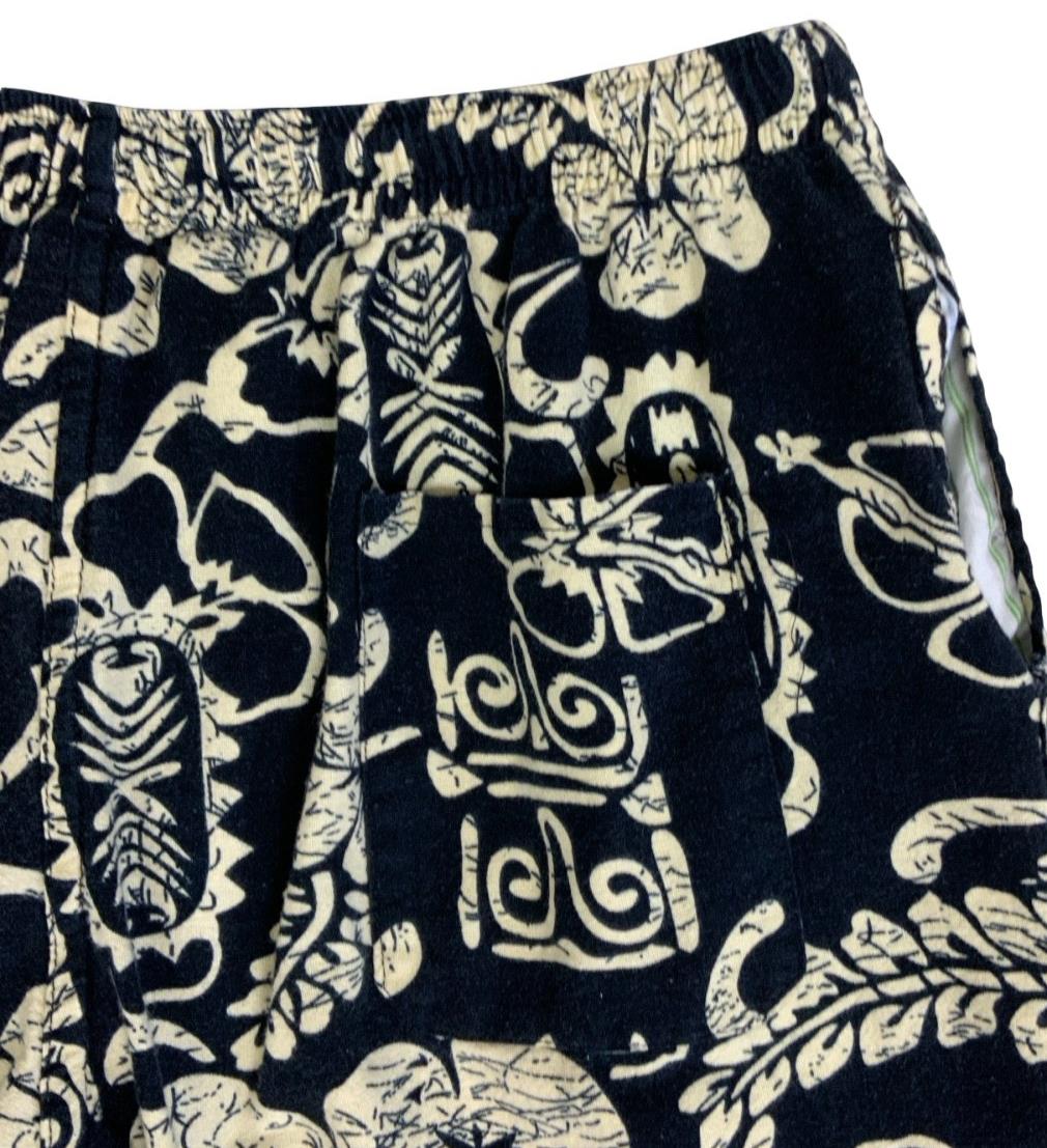 VTG BLACK WHITE FLORAL ELASTICATED HIGH-WAIST HAWAIIAN SHORTS SMALL