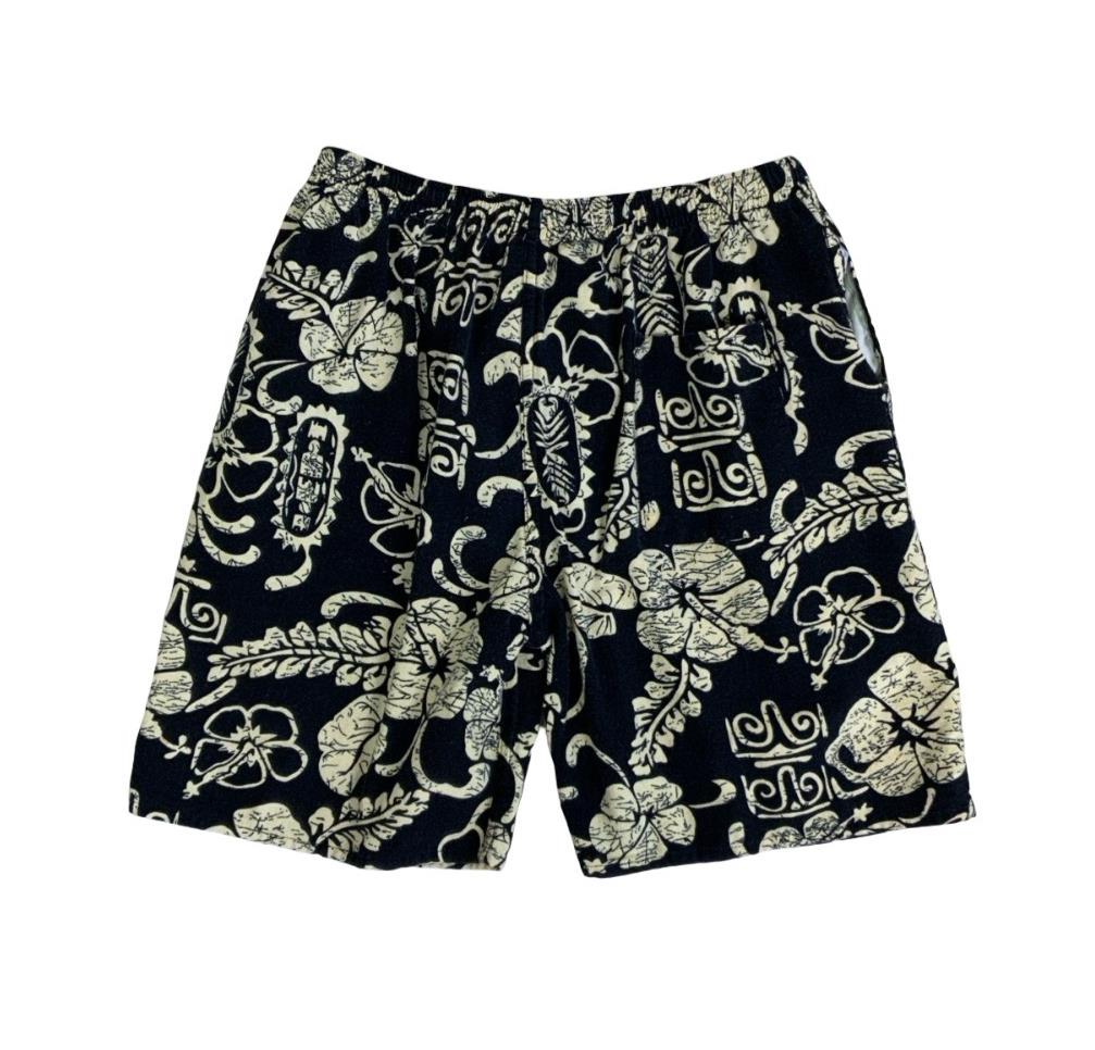 VTG BLACK WHITE FLORAL ELASTICATED HIGH-WAIST HAWAIIAN SHORTS SMALL