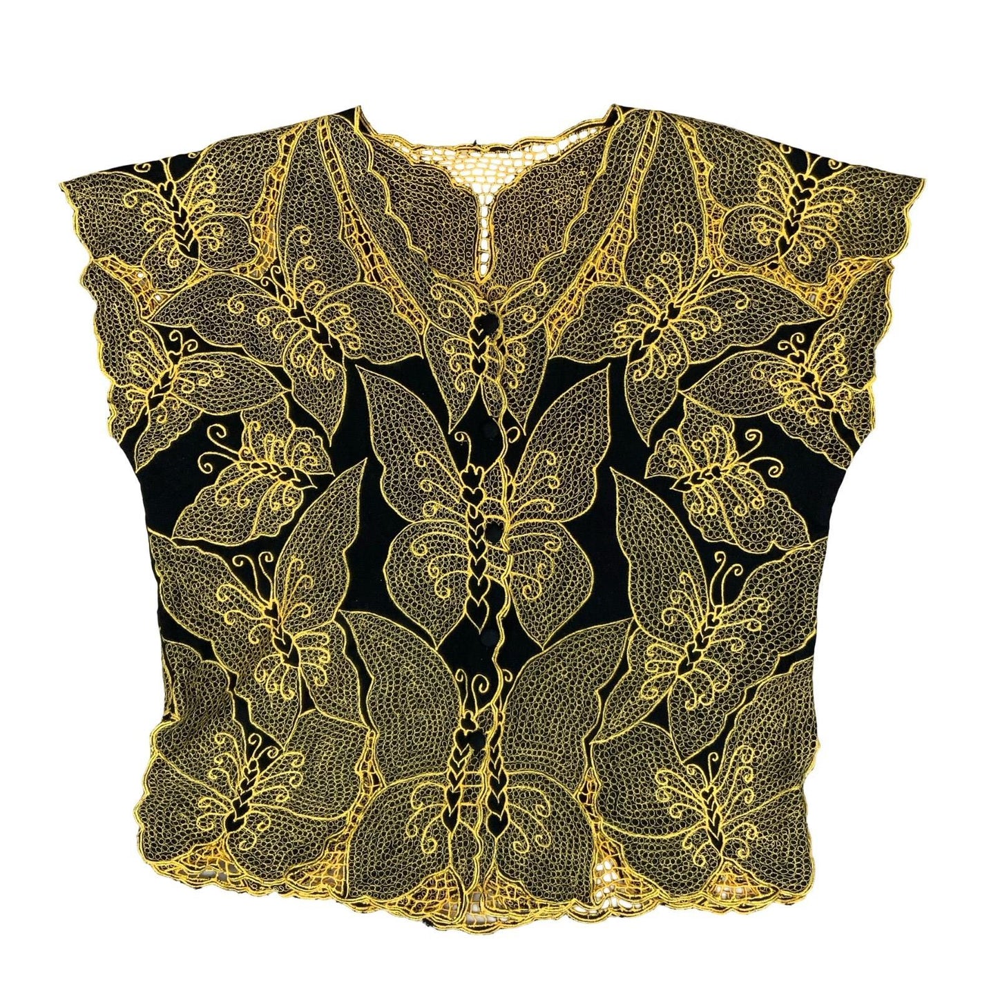 VTG LACE BUTTERFLY GOLD BLACK FESTIVAL PARTY BUTTON-UP CAP SLEEVE BLOUSE L 16