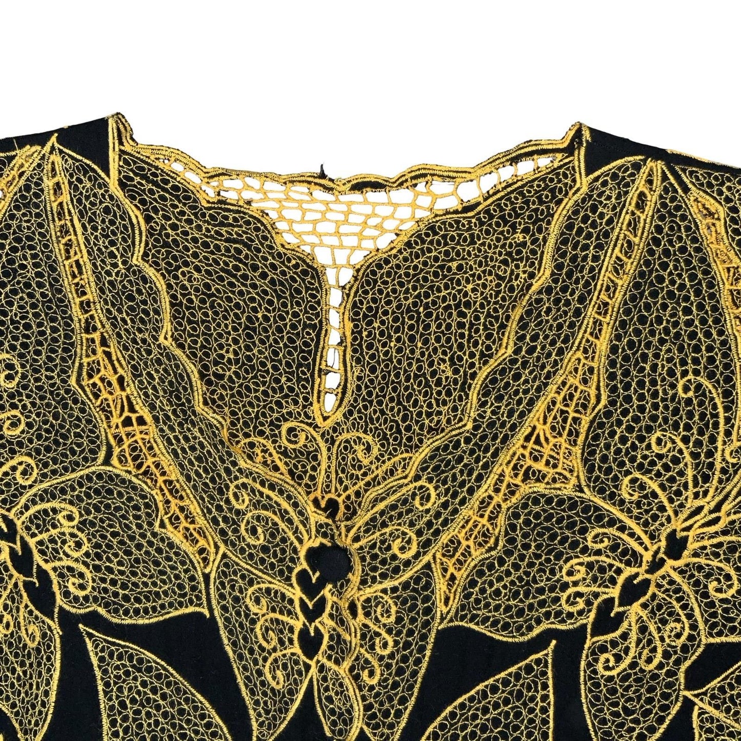 VTG LACE BUTTERFLY GOLD BLACK FESTIVAL PARTY BUTTON-UP CAP SLEEVE BLOUSE L 16