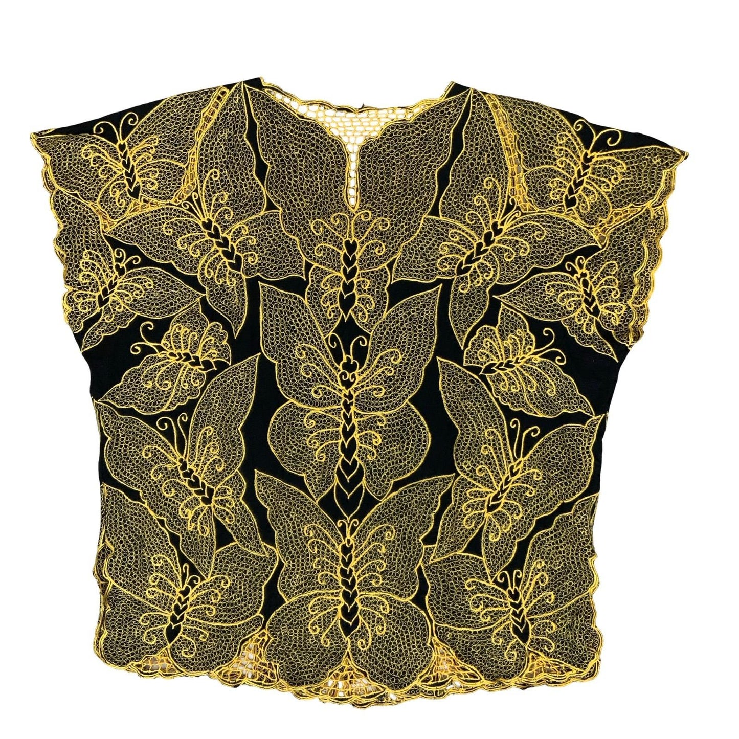 VTG LACE BUTTERFLY GOLD BLACK FESTIVAL PARTY BUTTON-UP CAP SLEEVE BLOUSE L 16