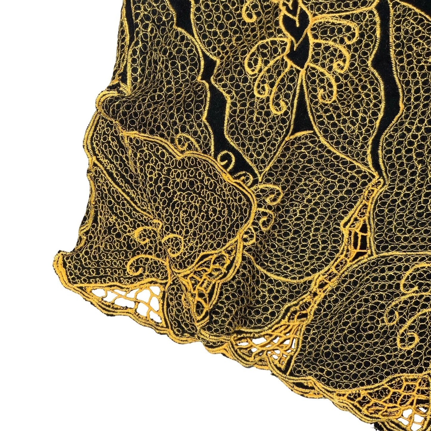 VTG LACE BUTTERFLY GOLD BLACK FESTIVAL PARTY BUTTON-UP CAP SLEEVE BLOUSE L 16