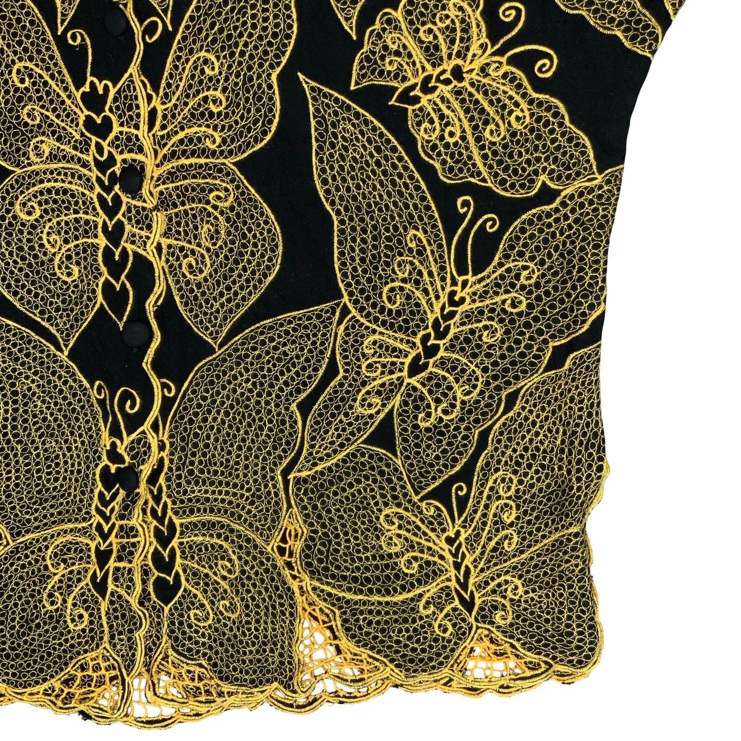 VTG LACE BUTTERFLY GOLD BLACK FESTIVAL PARTY BUTTON-UP CAP SLEEVE BLOUSE L 16
