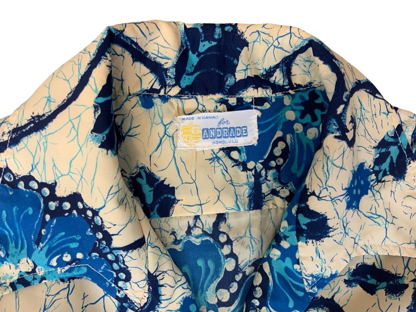 VTG 70s ANDRADE HONOLULU HAWAIIAN MADE ALOHA SHIRT POLY TIKI ROCKABILLY LARGE
