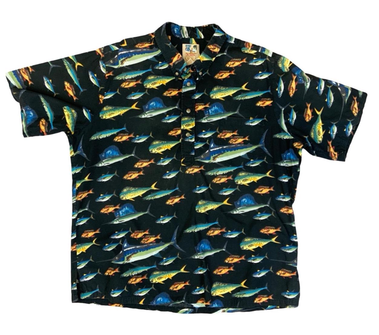 VTG KAHALA JOHN SEVERSON FISH HAWAIIAN MADE ALOHA SHIRT COTTON SURF 2XL