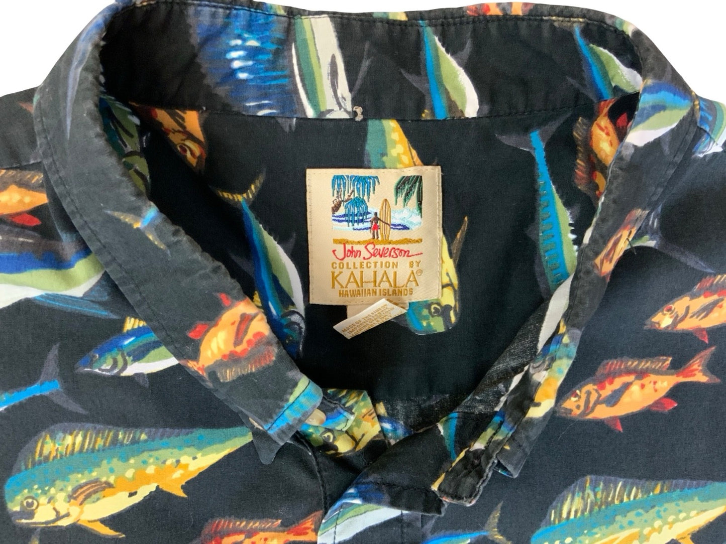 VTG KAHALA JOHN SEVERSON FISH HAWAIIAN MADE ALOHA SHIRT COTTON SURF 2XL
