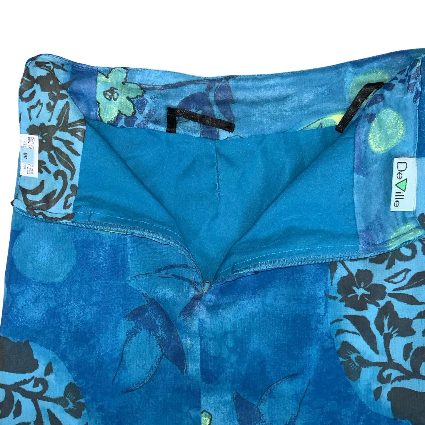 90s 'DEVILLE' BLUE GREEN TROPICAL HAWAIIAN FLORAL SUMMER BEACH MIDI SKIRT 8 10