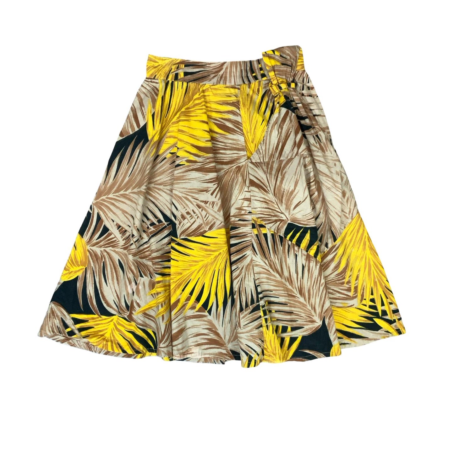 VTG HIGH-WAISTED BROWN YELLOW BLACK BOTANICAL LEAF A-LINE SUMMER SKIRT UK 8